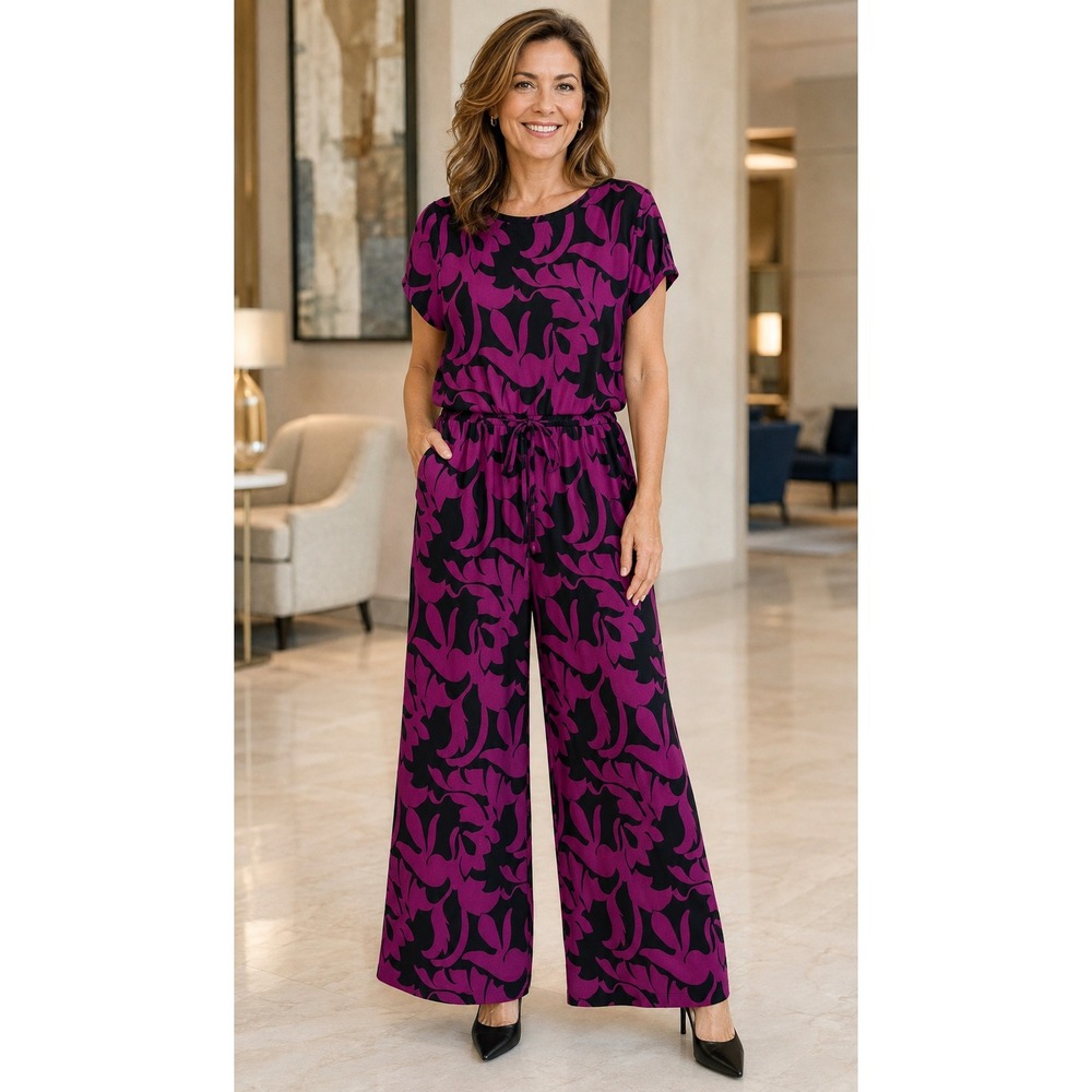 Chico's 2 Jumpsuit Wide Leg Abstract Floral Magenta Black Stretchy Women L Chic
